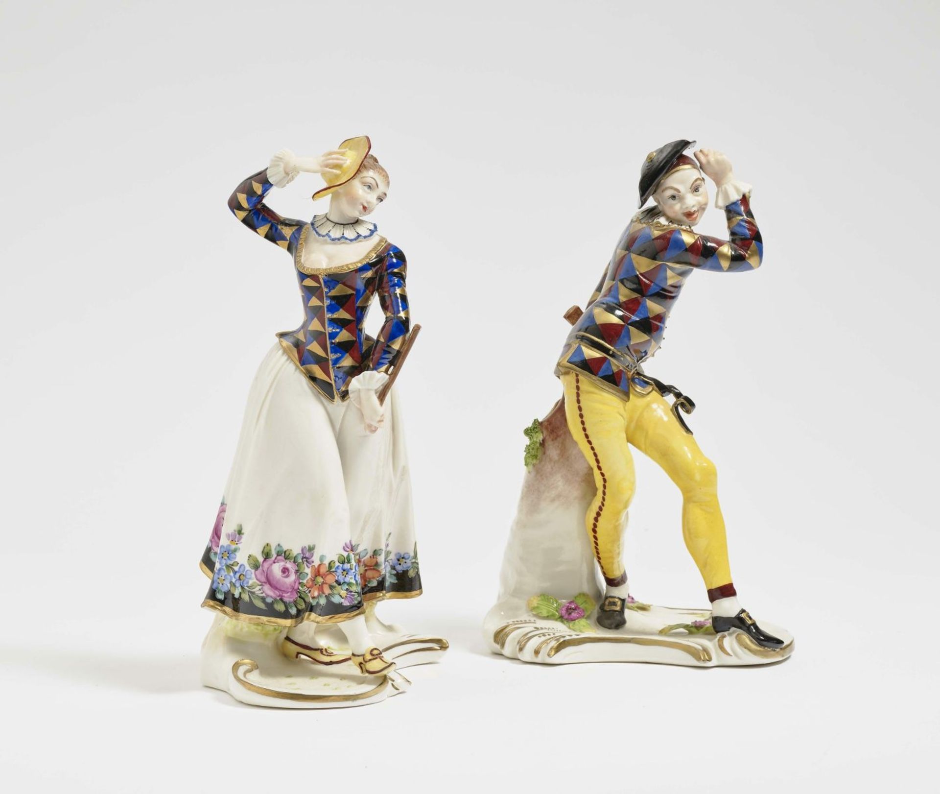 Arlequin and ArlequinaNymphenburg, model by F. A. Bustelli Porcelain, polychrome and gold