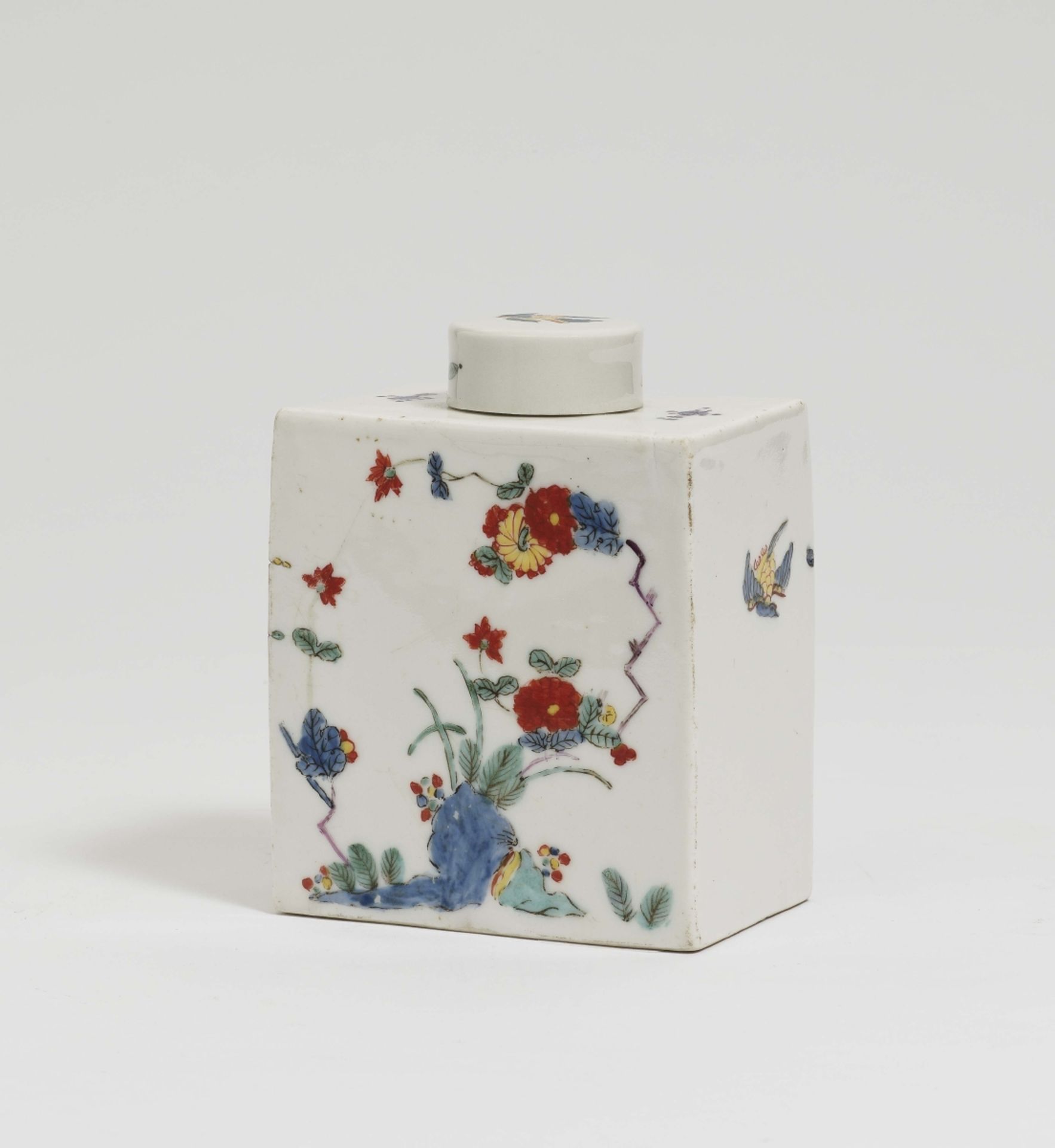 A tea caddyMeissen, circa 1735 Porcelain. Blue crossed swords mark, maker's mark of Caspar Meißner