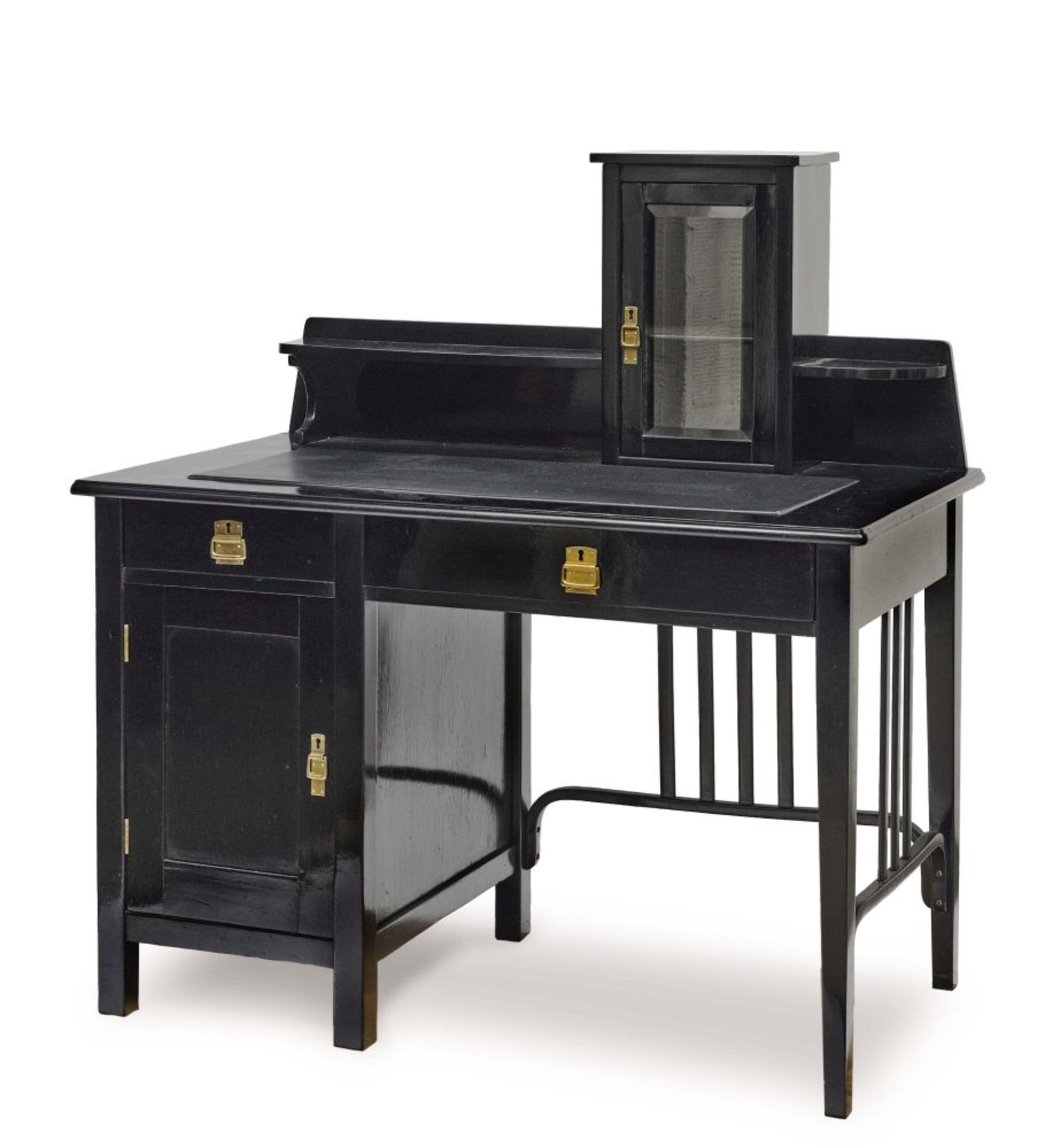 A deskThonet Brothers, Vienna, circa 1906 Beech, black stained. Hutch with faceted glass door. Brass