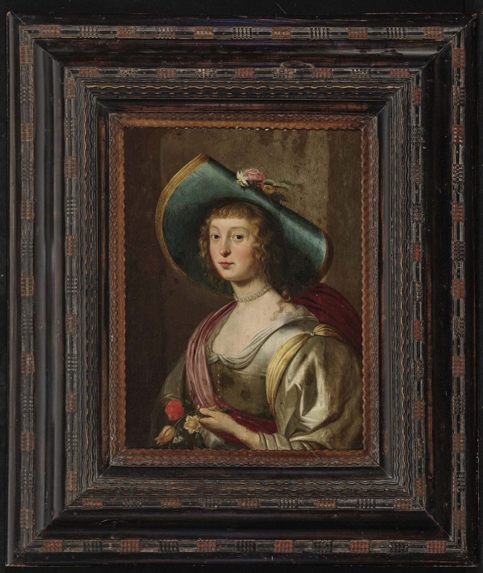 Dutch School (Utrecht?) 17th centuryPortrait of a Lady with a Flower Hat Oil on panel. 52 x 39 cm. - Bild 2 aus 2