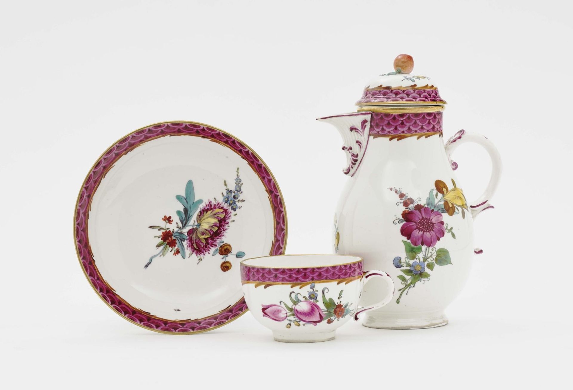 A mocha pot and cup with saucerHöchst, circa 1770 Porcelain. Polychrome and gold decoration.