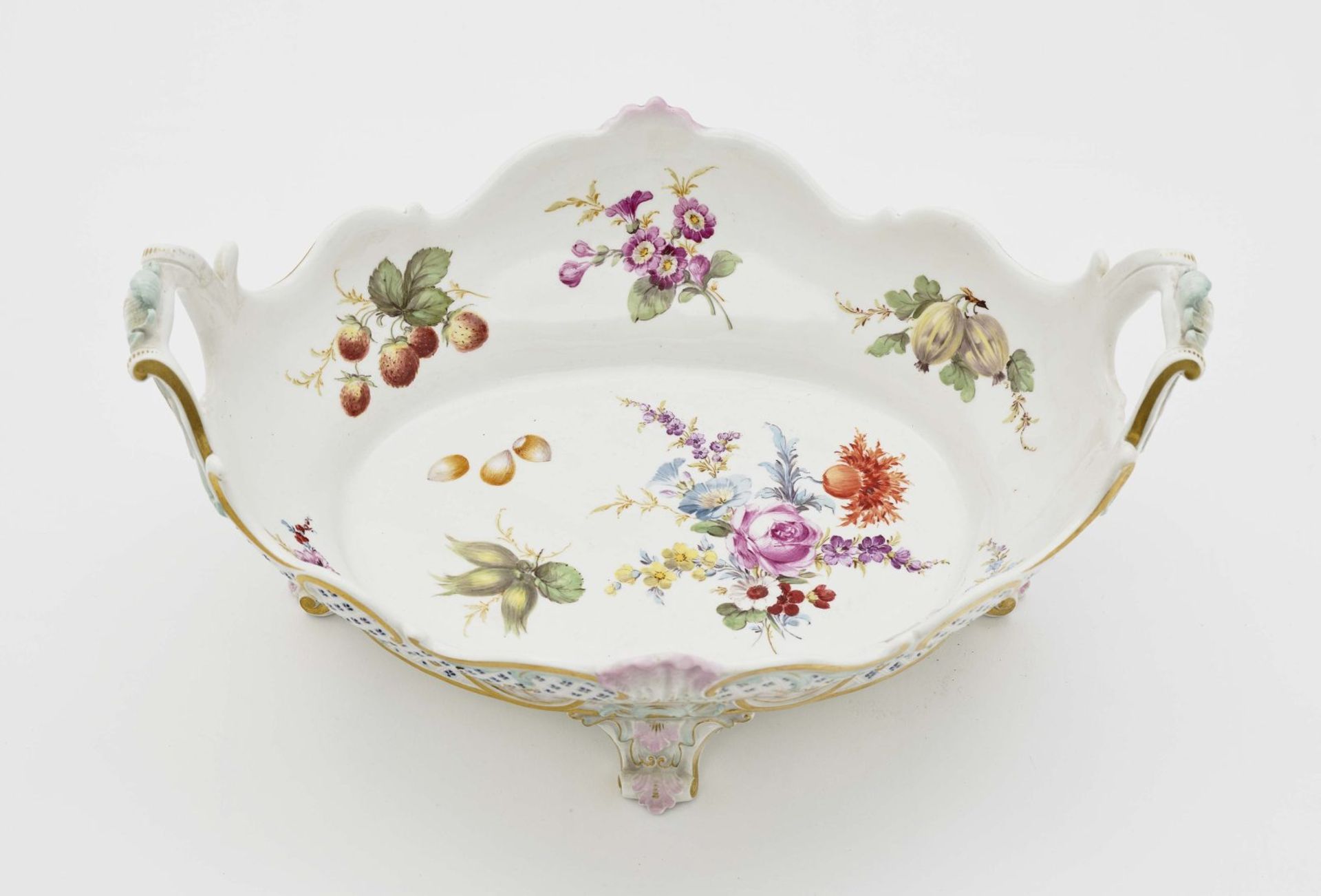 A fruit bowlMeissen Porcelain, polychrome and gold decoration. Relief decoration. Blue crossed - Bild 2 aus 2