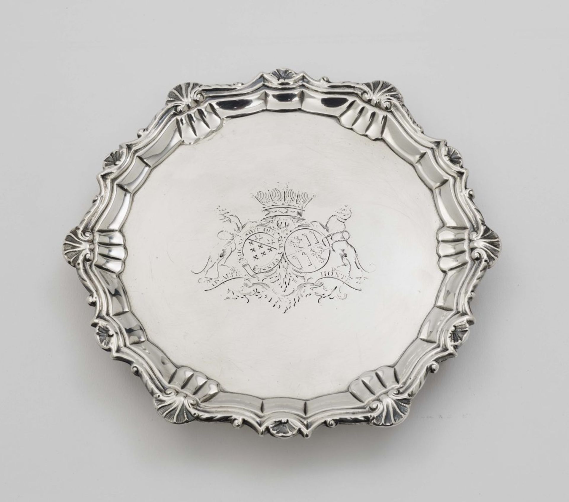 A small trayLondon, probably 1741/1742 Silver. Engraved arms of alliance. Hallmarked (Jackson p. 87,