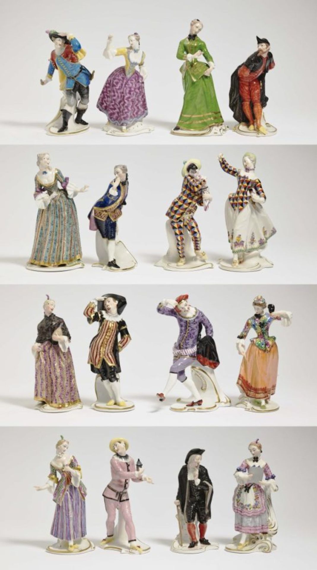 A complete set of 16 Commedia dell'Arte figurinesNymphenburg, model by F. A. Bustelli Porcelain.