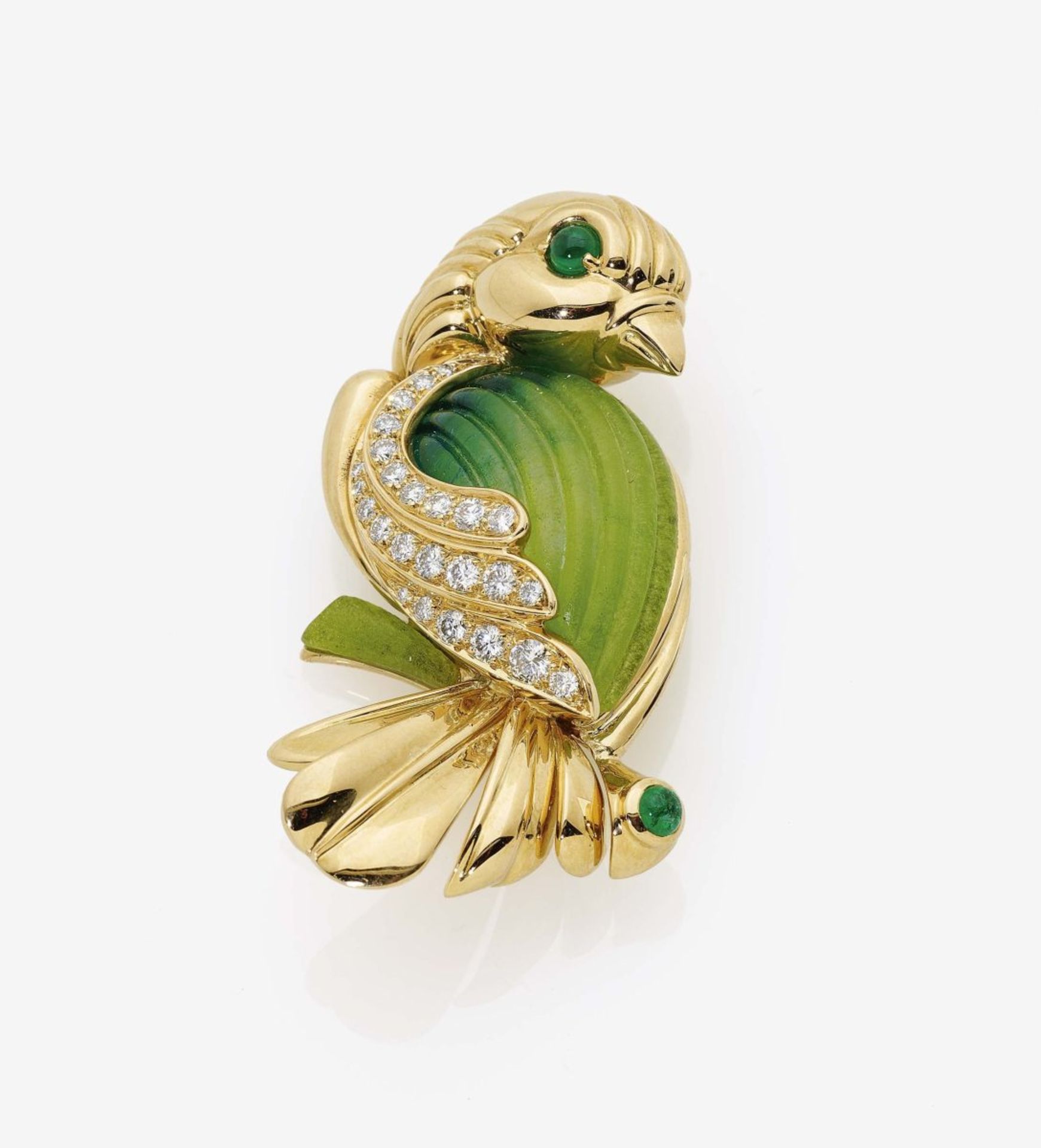 An Emerald, Diamond and Coloured Pâte de Verre Brooch in the form of a BirdParis, 2000s, MAISON