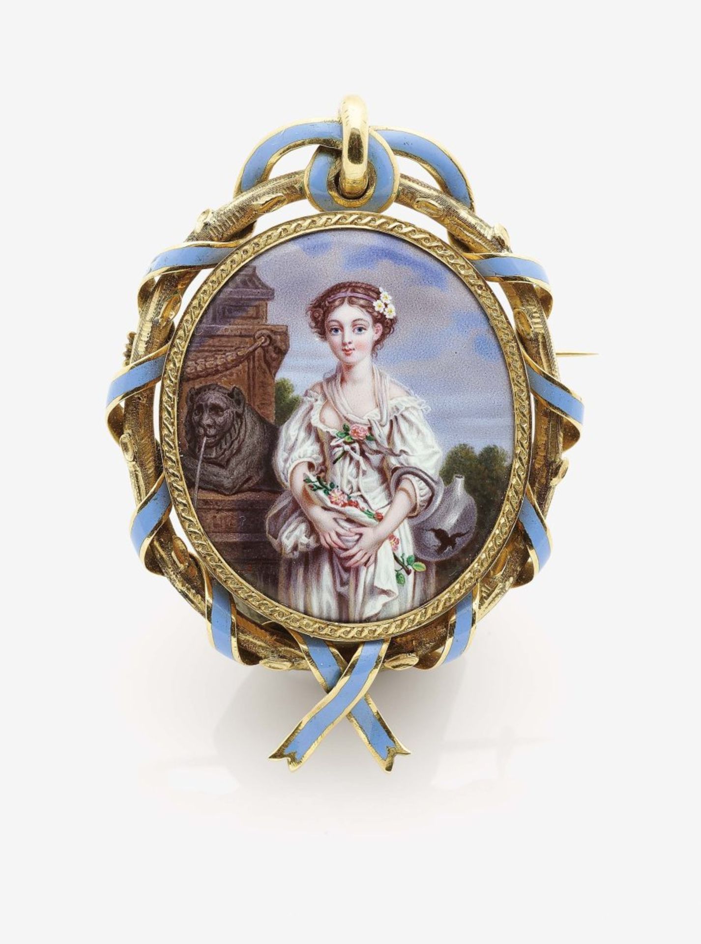 An Enamel Portrait BroochParis, circa 1860 18K yellow gold (750/-), tested. Paris hallmarks from