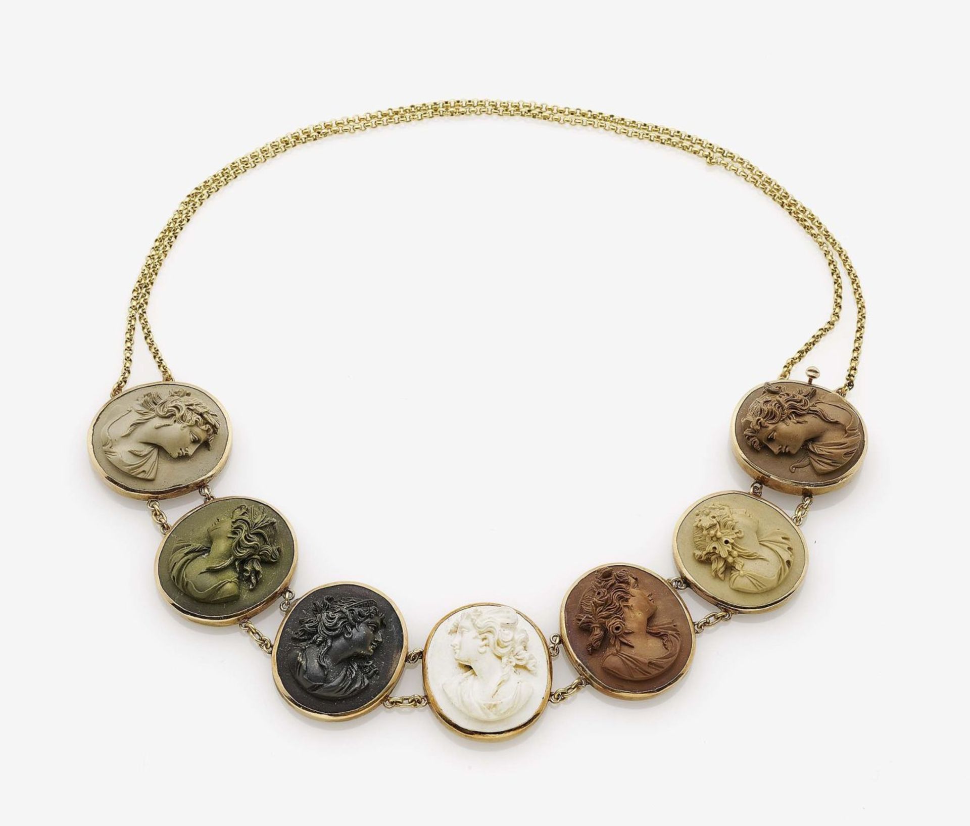 A Lava Stone Cameo NecklaceNaples, circa 1830 14K yellow gold (585/-), tested. 7 vari-coloured,