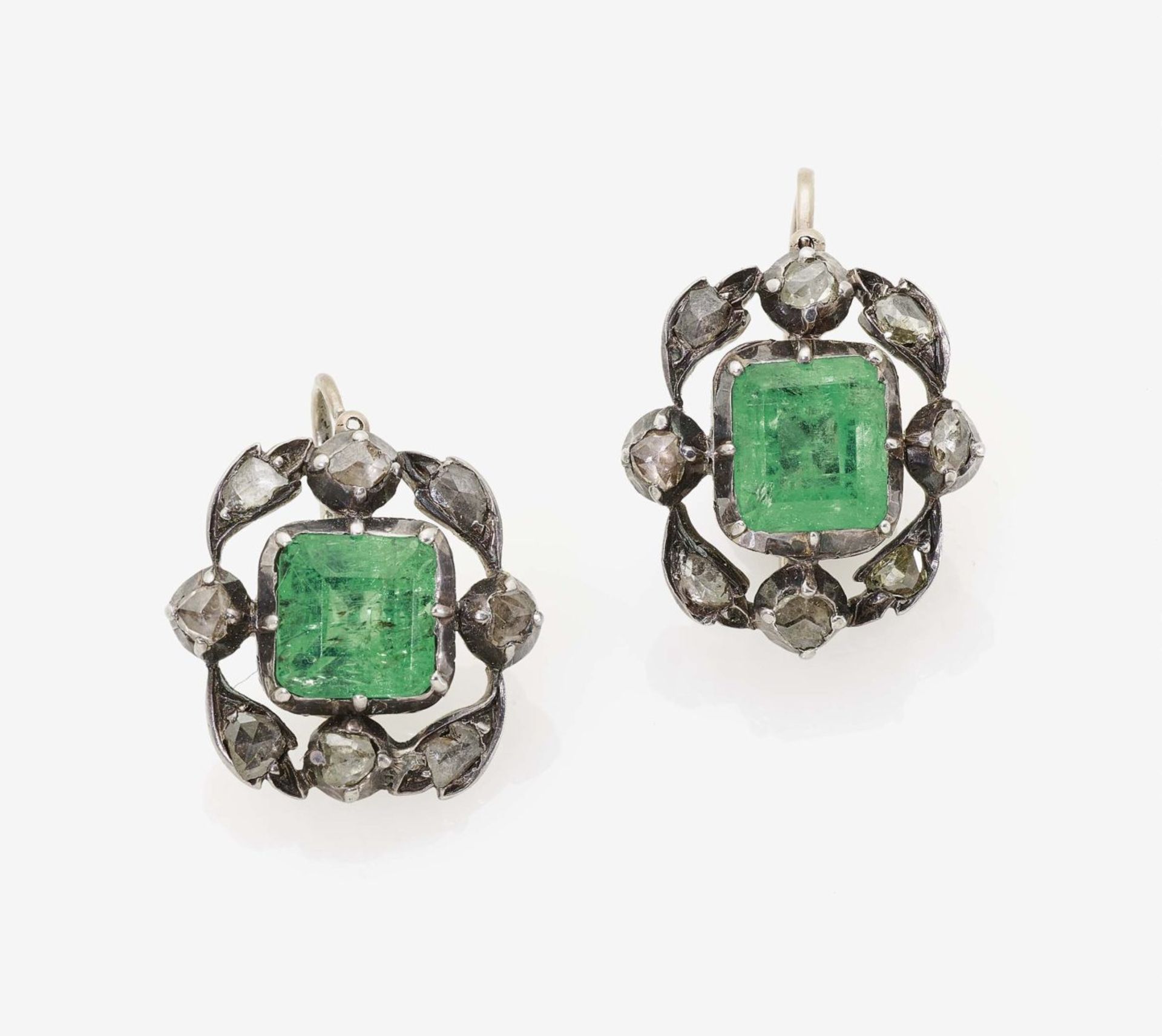 A Pair of Emerald and Diamond EarringsGermany, 1870 14K yellow gold (585/-) and silver, tested. 16