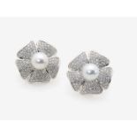 A Pair of Cultured Pearl and Diamond EarringsItaly 18K white gold (750/-), stamped. Hallmarks. Circa