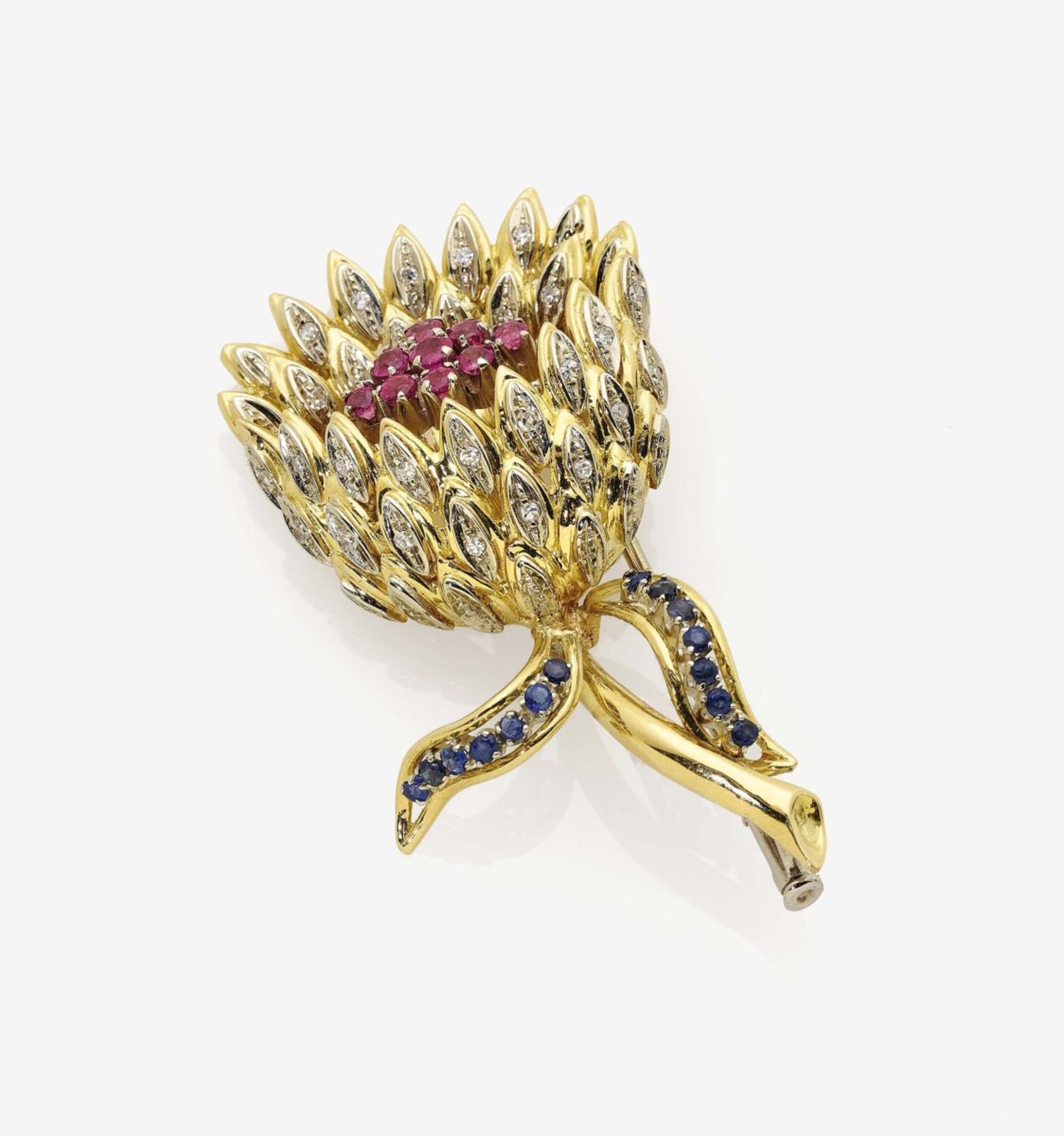 A Diamond and Gem-Set Thistle BroochItaly 18K yellow gold, stamped. Hallmarks. 28 octagonal-cut