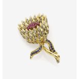 A Diamond and Gem-Set Thistle BroochItaly 18K yellow gold, stamped. Hallmarks. 28 octagonal-cut