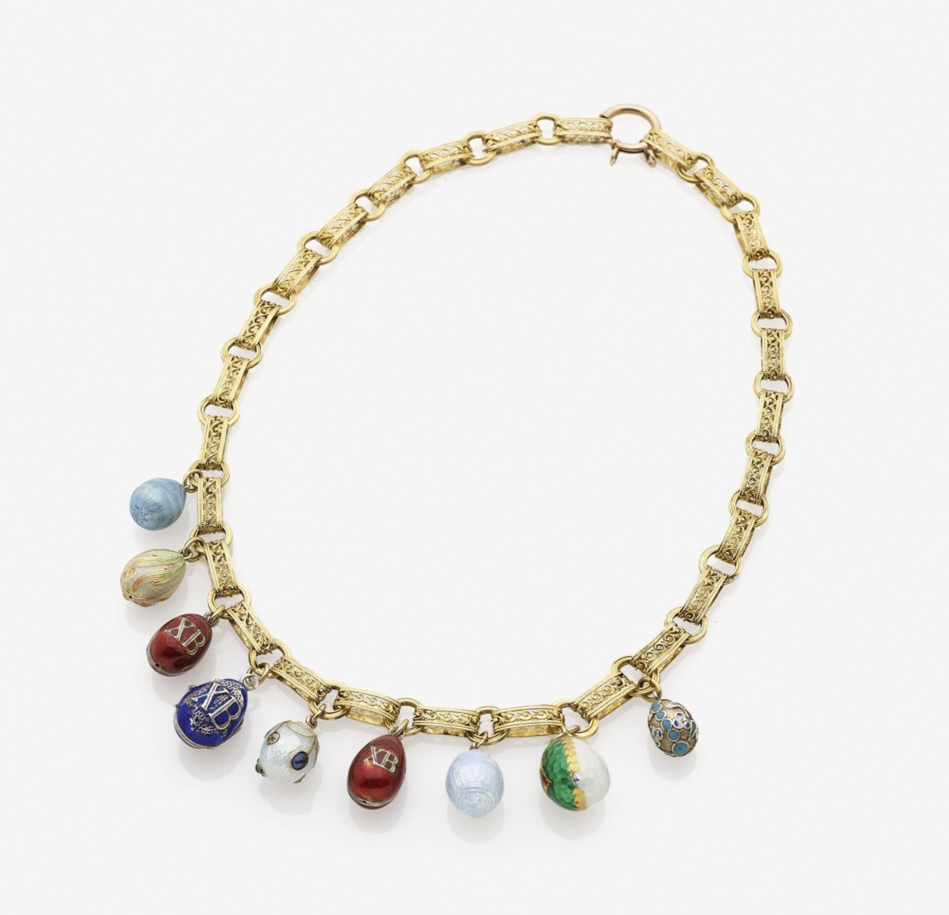 A Necklace with Nine Enamel Egg PendantsSt. Petersburg, 1899-1908, FABERGÉ Gold 584/-, tested and