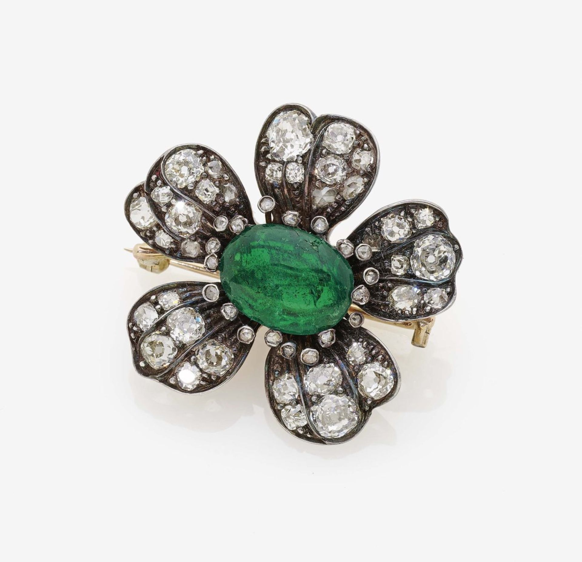 An Emerald and Diamond Flower BroochGermany, circa 1880 14K rose gold (585/-) and silver, tested.
