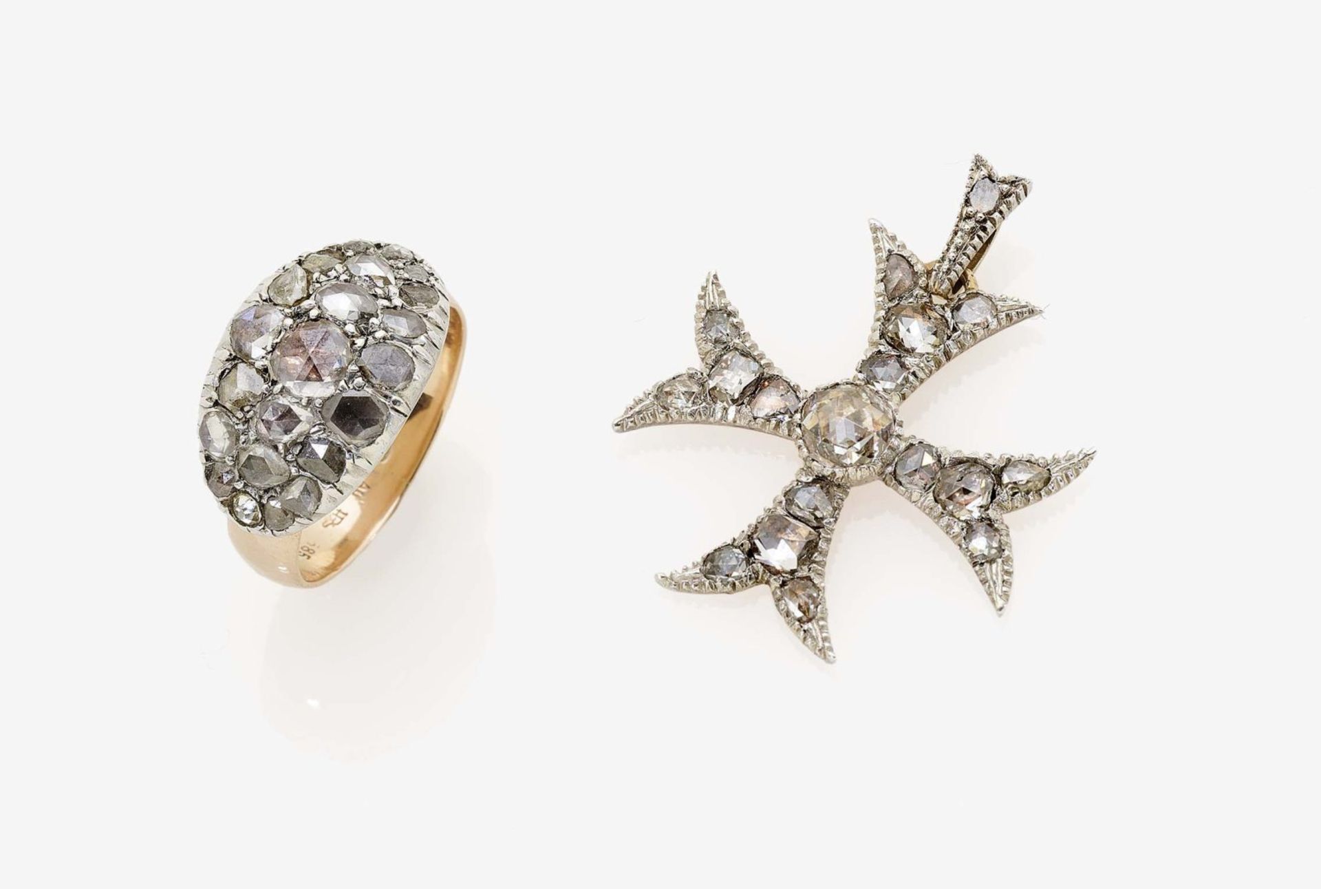 A Diamond set Maltese Cross Pendant and Ring19th Century Pendant: 8K gold (333/-) and silver,