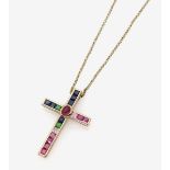 A Tourmaline, Sapphire and Green Garnet Cruciform PendantGermany Belcher chain: silver 925/-, gold