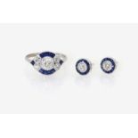 A Pair of Sapphire and Diamond Ear Studs and a Cocktail RingLondon 18K white gold (750/-),