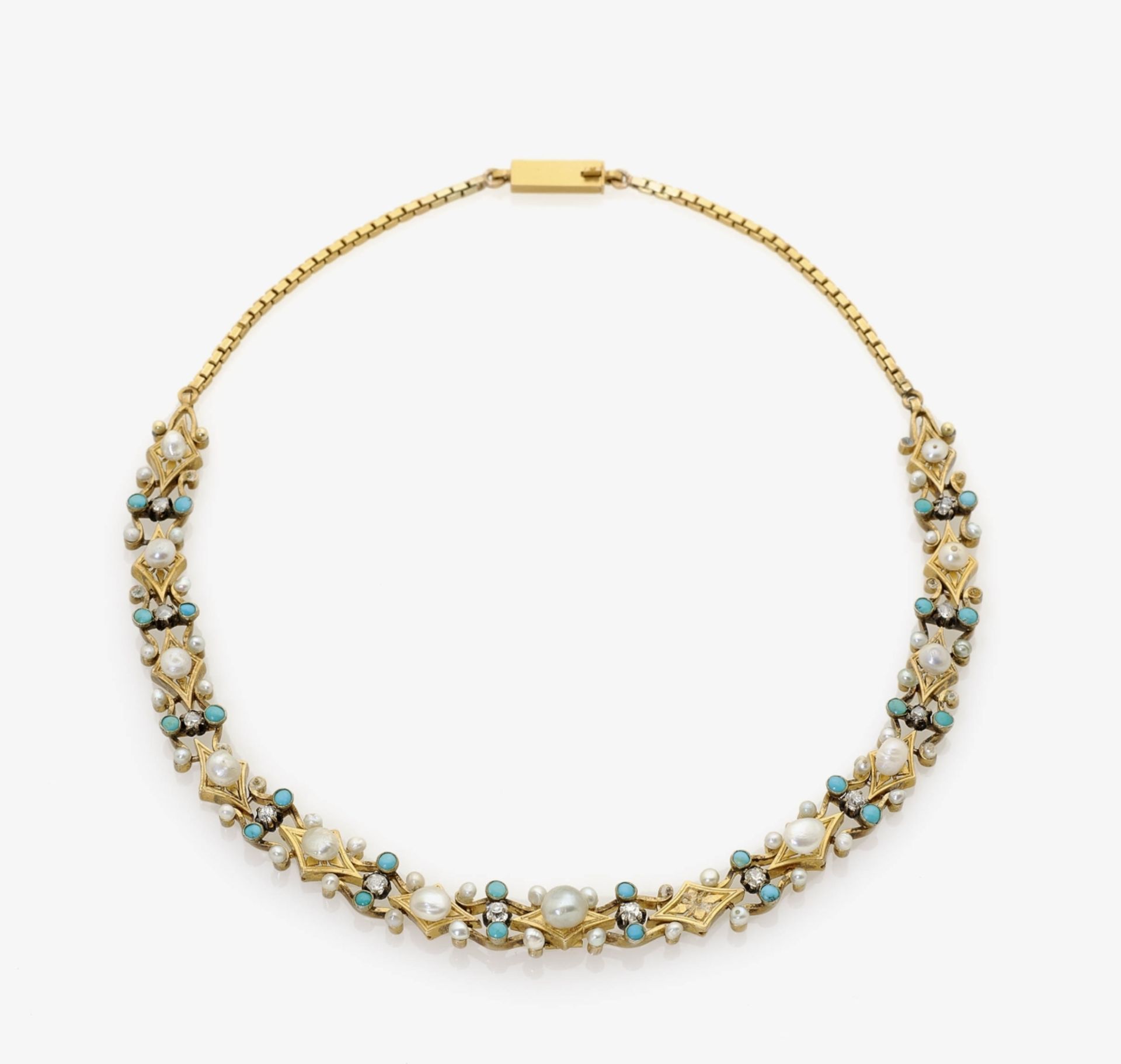 A Freshwater Pearl, Diamonds and Turquoise NecklaceGermany, circa 1910-1915 14K yellow gold and