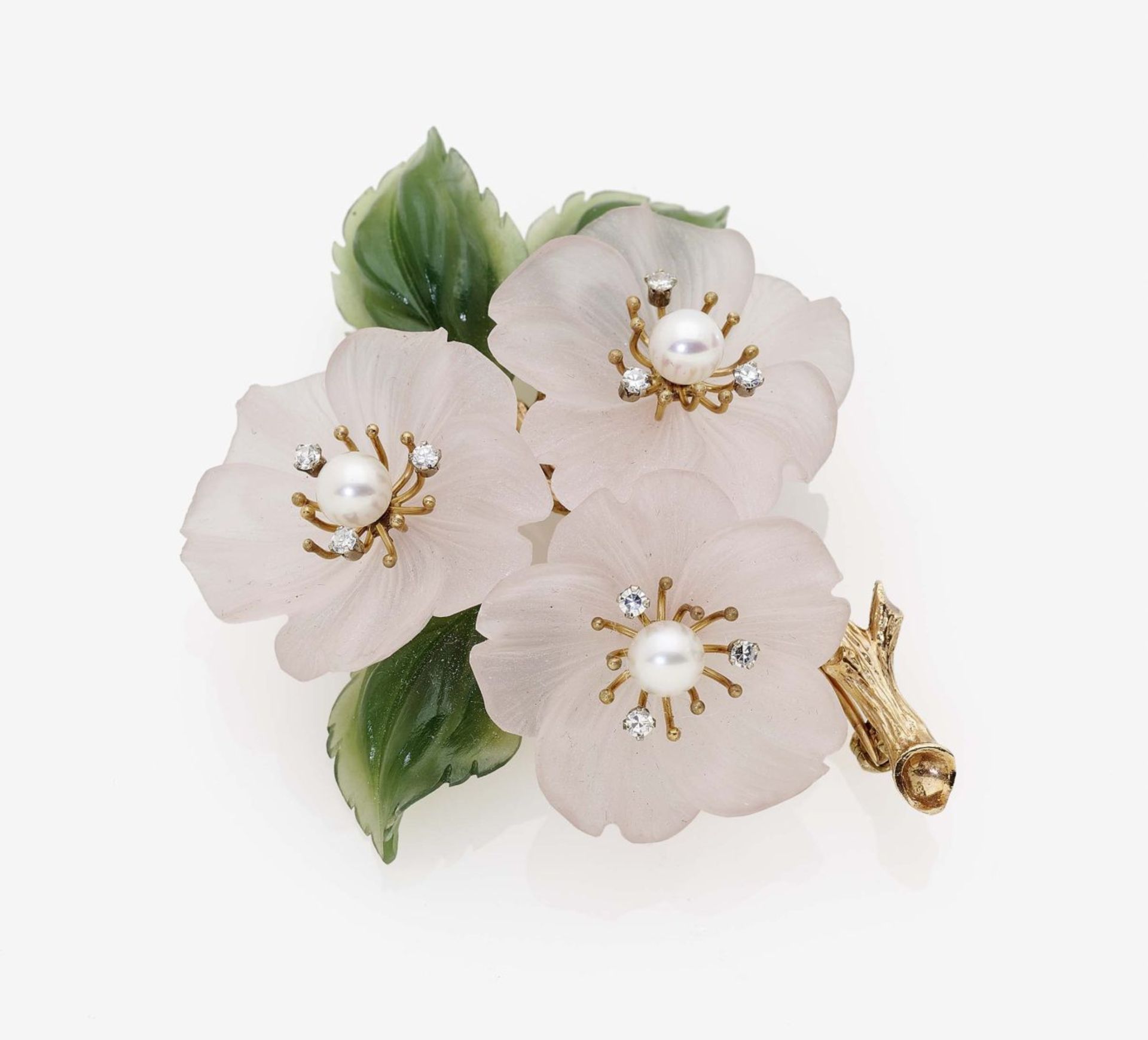 A Rose Quartz, Jade, Pearl and Diamond Flower BroochAustria, 1960s-1970s 14K yellow gold (585/-),