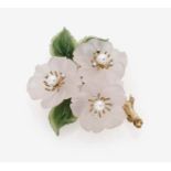 A Rose Quartz, Jade, Pearl and Diamond Flower BroochAustria, 1960s-1970s 14K yellow gold (585/-),