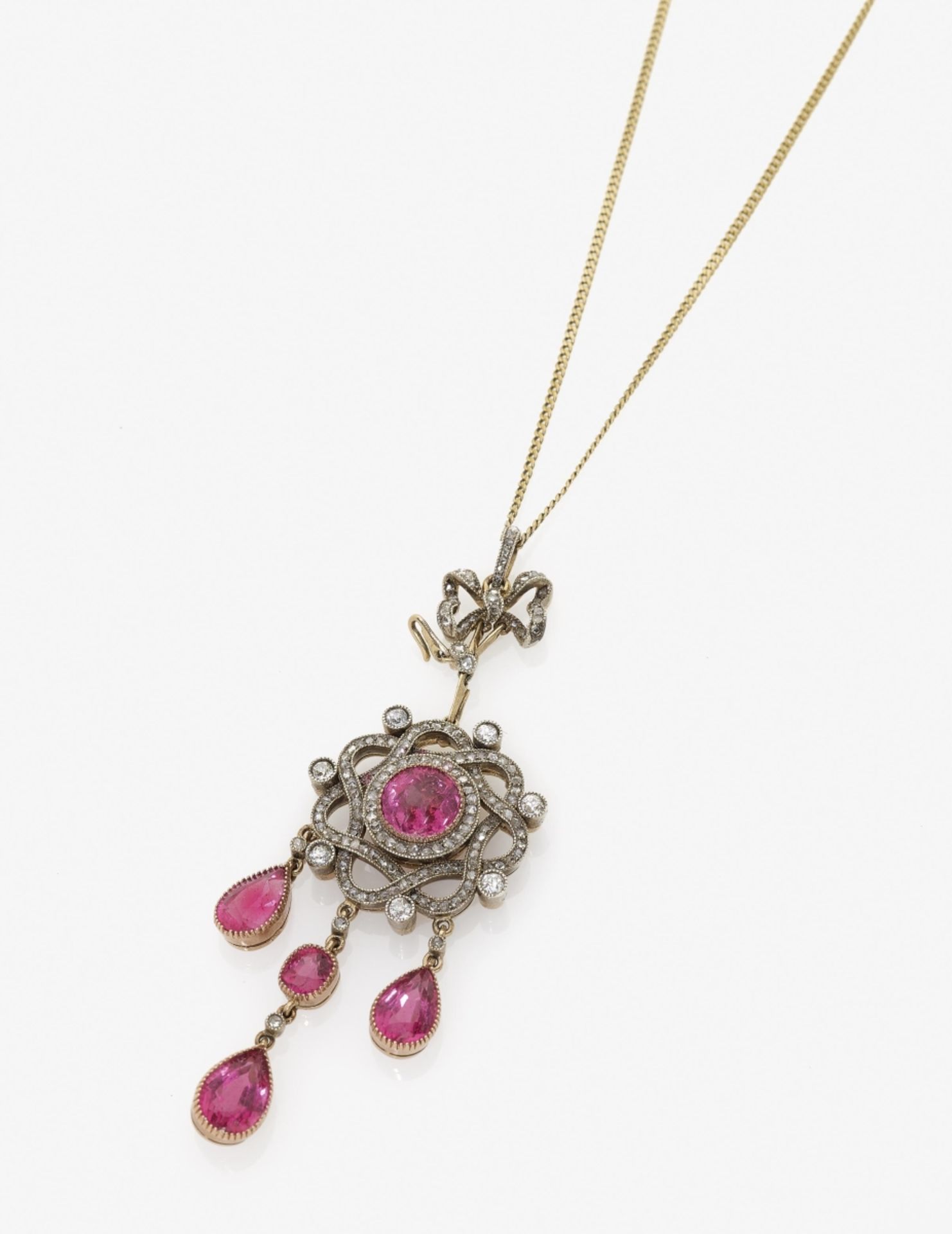 A Pink Tourmaline and Diamond Pendant NecklaceSt. Petersburg, circa 1900, FABERGÉ 14K Gold (