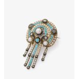 A Pearl, Turquoise, Diamond and Enamel BroochGermany, circa 1870 14K gold, tested. 3 rose-cut