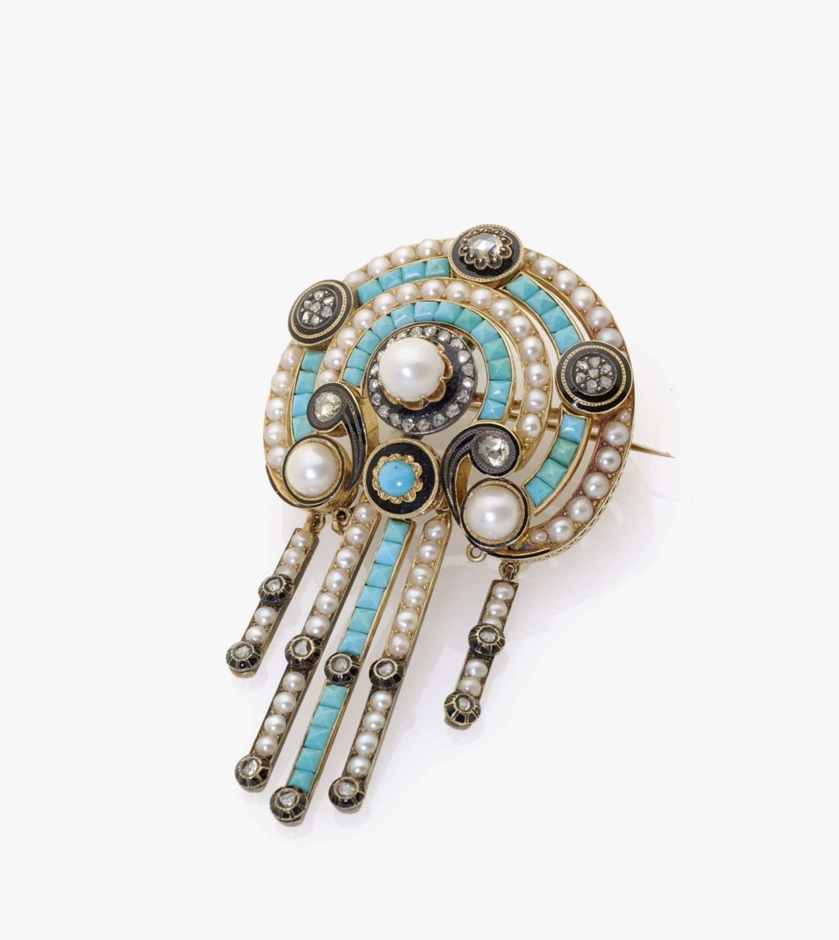 A Pearl, Turquoise, Diamond and Enamel BroochGermany, circa 1870 14K gold, tested. 3 rose-cut