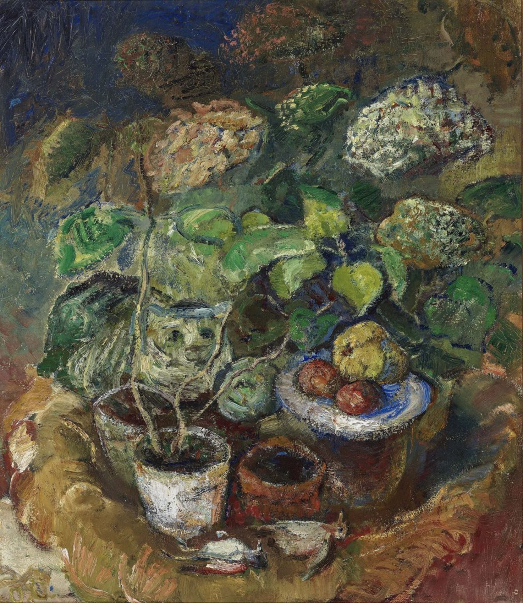 Coester, OskarHydrangeas and Cat. Circa 1919 Oil on cardboard 93 x 80 cm Monogrammed lower left.