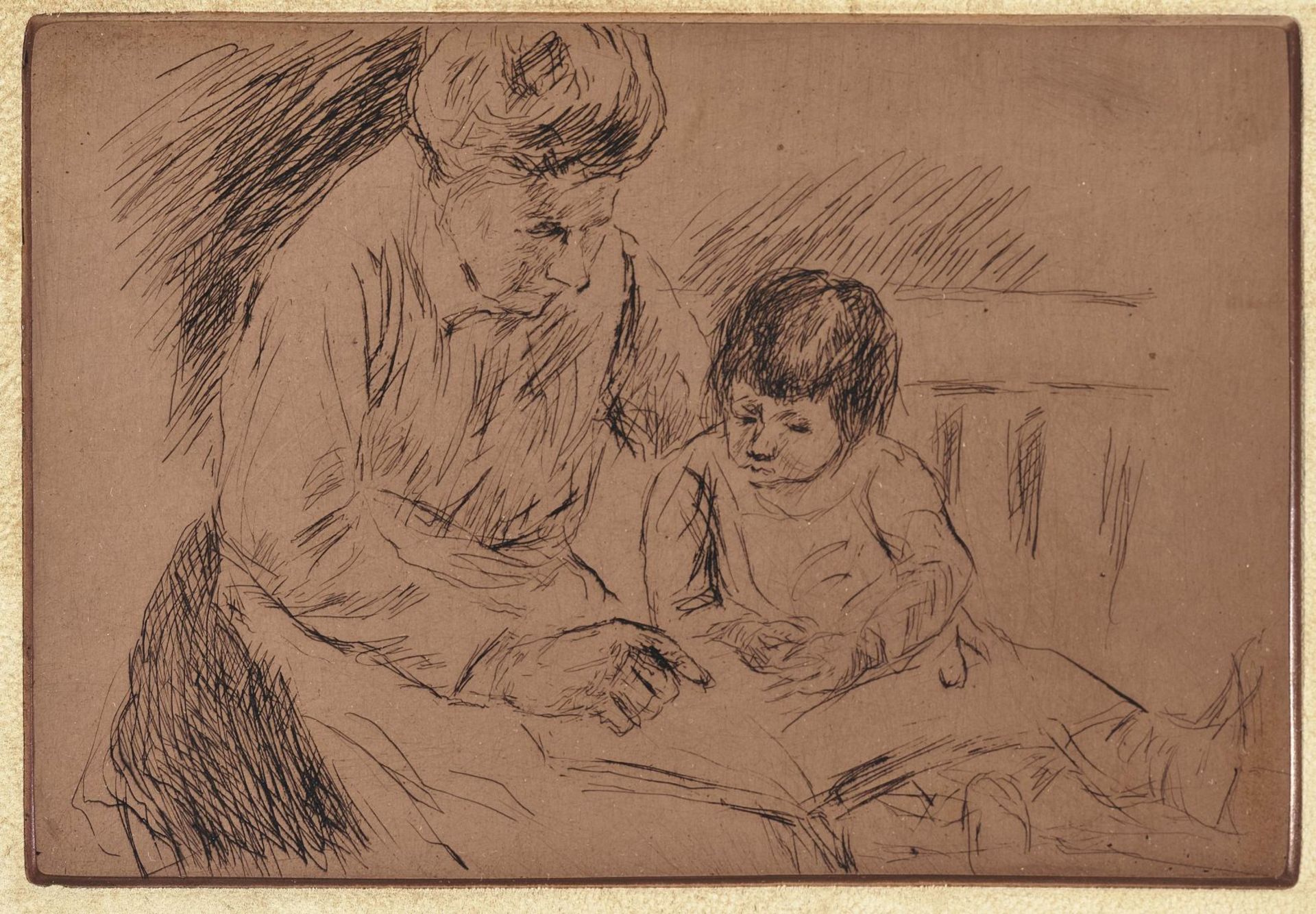 Liebermann, MaxGuard with Child on a Garden Bench while Looking at a Picture Book. Circa 1920 - Bild 2 aus 2