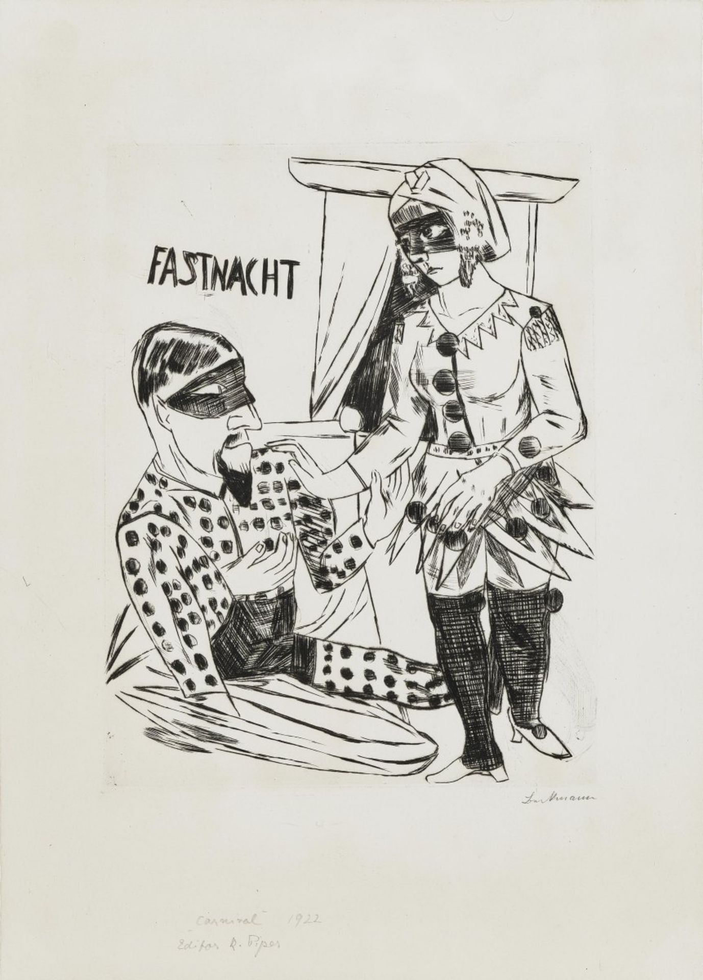 Beckmann, MaxCarnival. 1922 Drypoint on vellum 32.5 x 25 cm (48.5 x 35 cm) Signed ''Beckmann'' lower