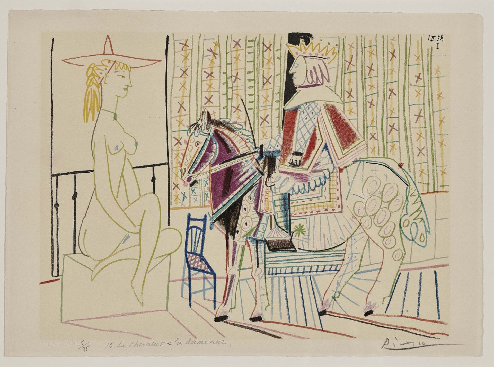 Picasso, PabloFemme nue et roi à cheval. 1954 Colour lithograph after the colour pencil drawing ''Le