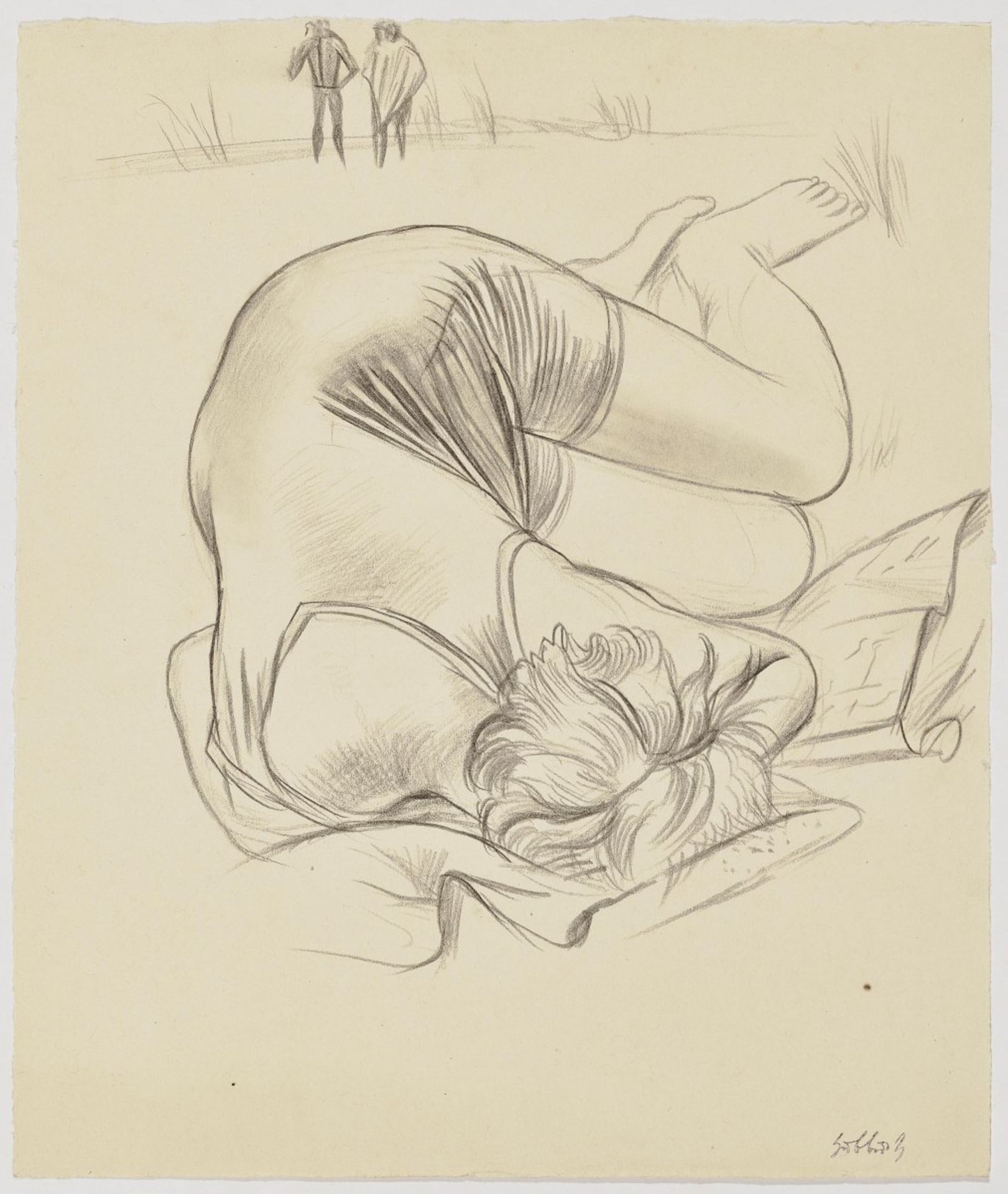 Hubbuch, KarlLying Woman in Bathing Costume. Circa 1925-1928 Pencil drawing, partly washed on