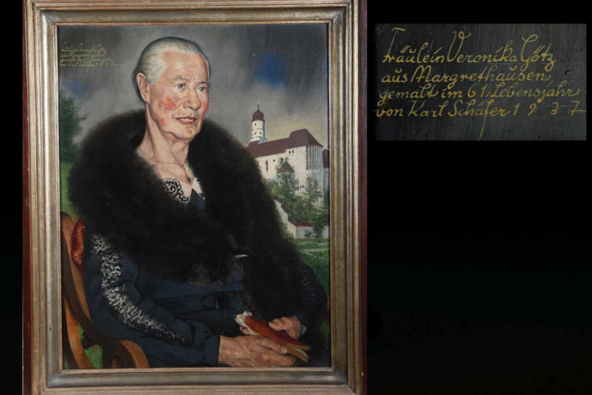 Schäfer, Karl: Portrait der Veronika GötzGemälde, Öl auf Malplatte, Halbportrait der Veronika