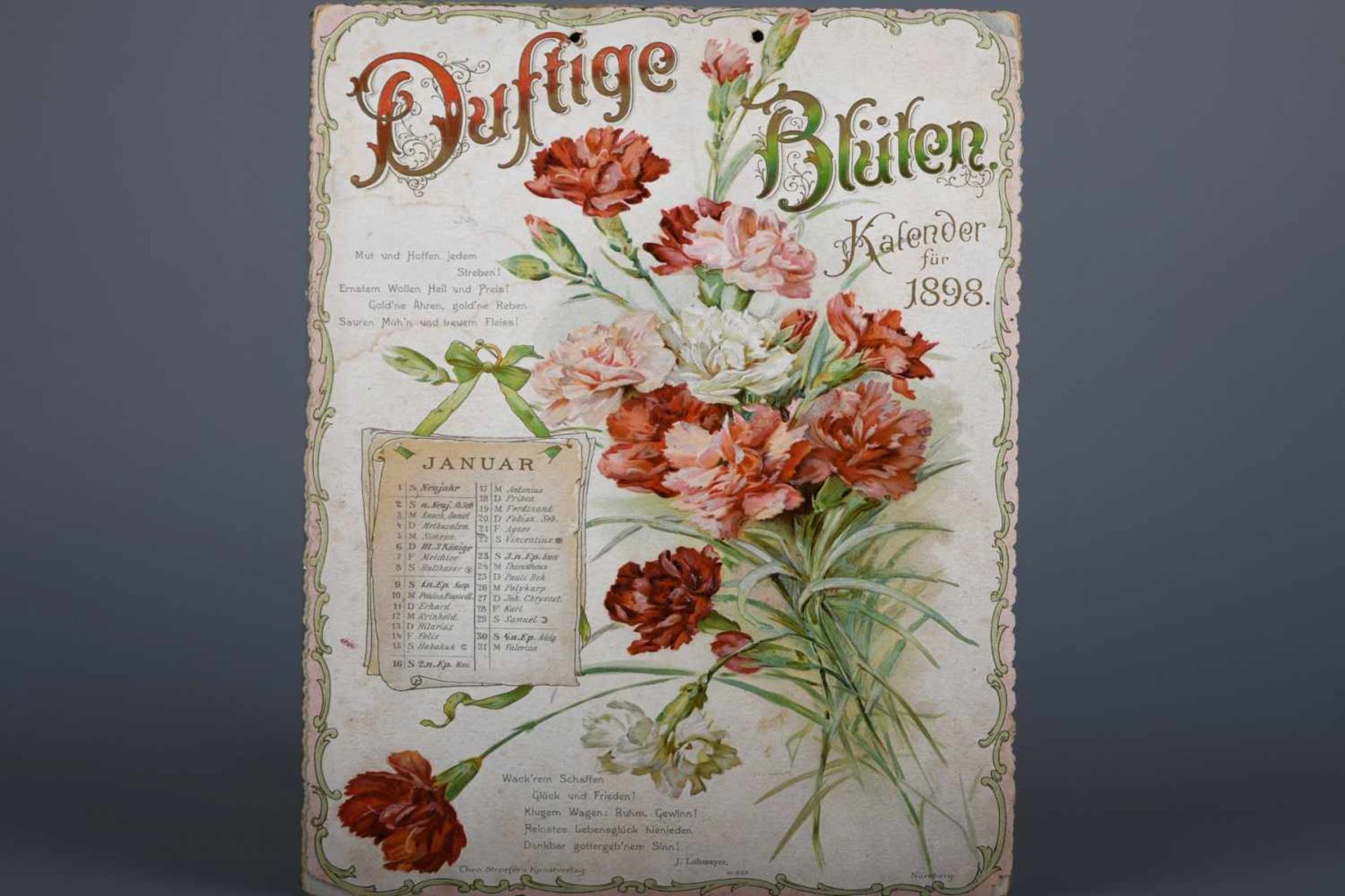Kalender für das Jahr 1898 "Duftige Blüten"Reliefgeprägte und farbig gedruckte Karten mit je einem