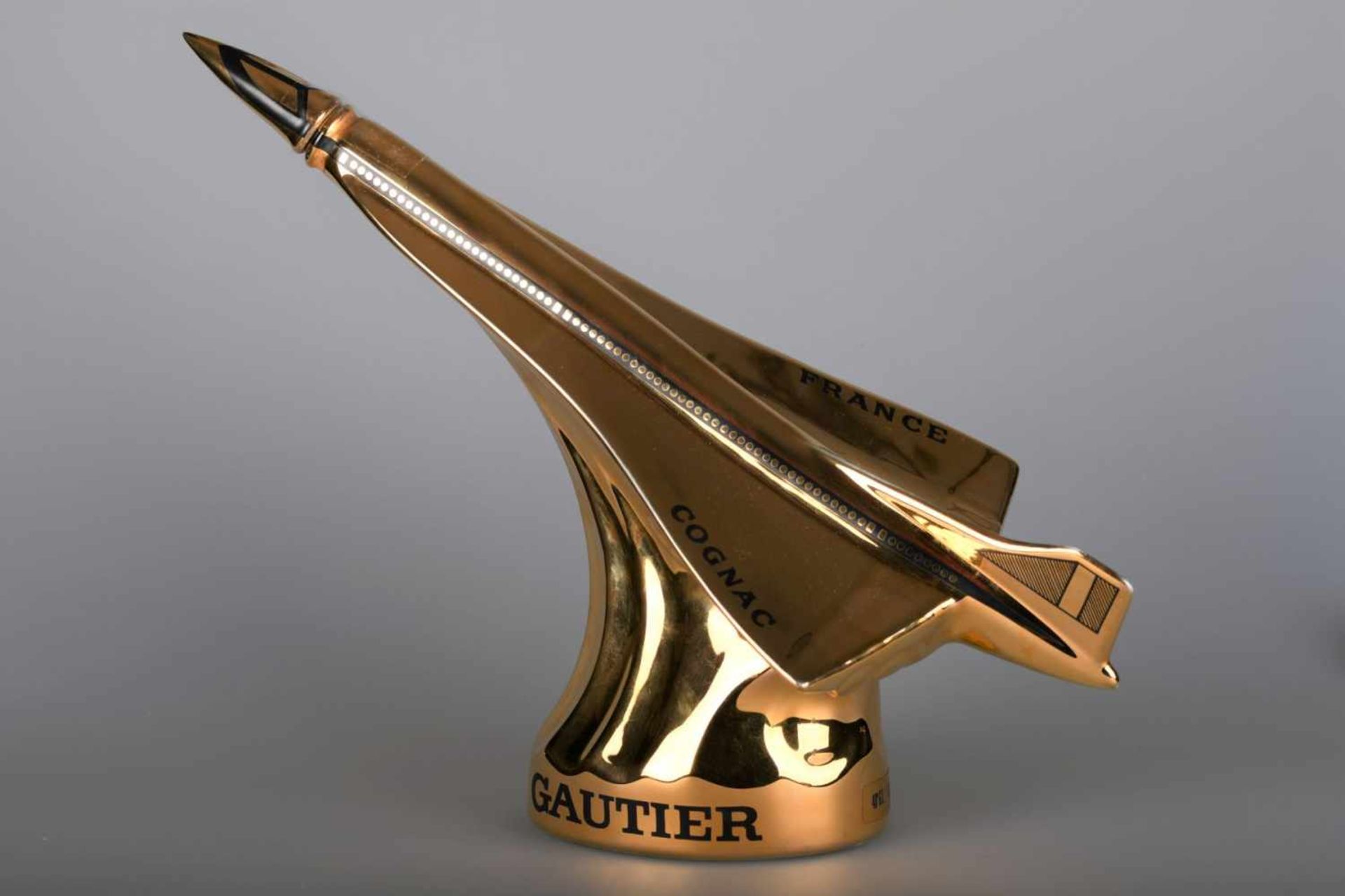 Gaultier Modellflasche in Gedenken „10 Jahre Concorde, 1986“Limoge, vollständig glanzgoldenes