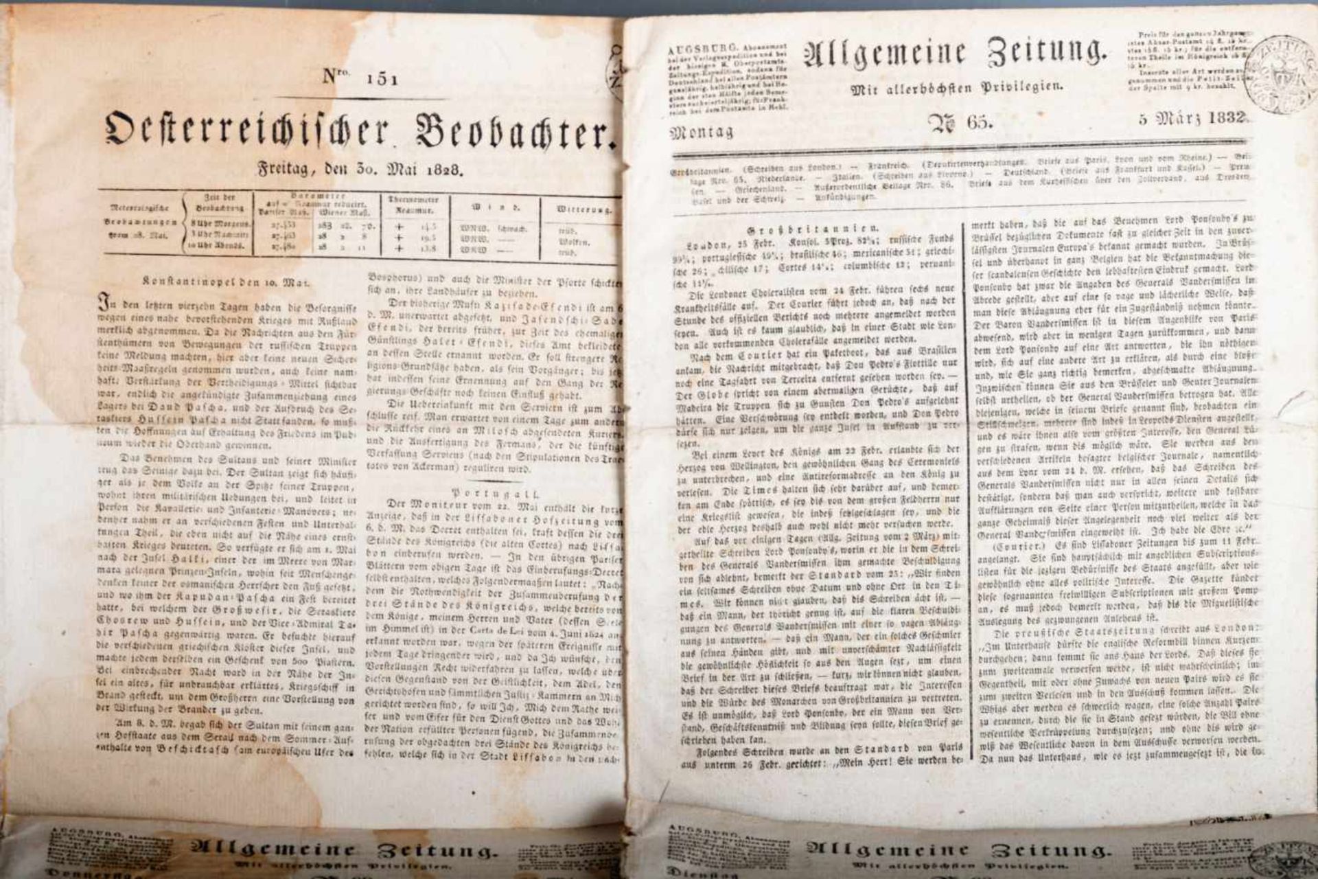 Österreichischer Beobachter 1813, 1828 und Allgemeine Zeitung Augsburg, 1832Österreichischer
