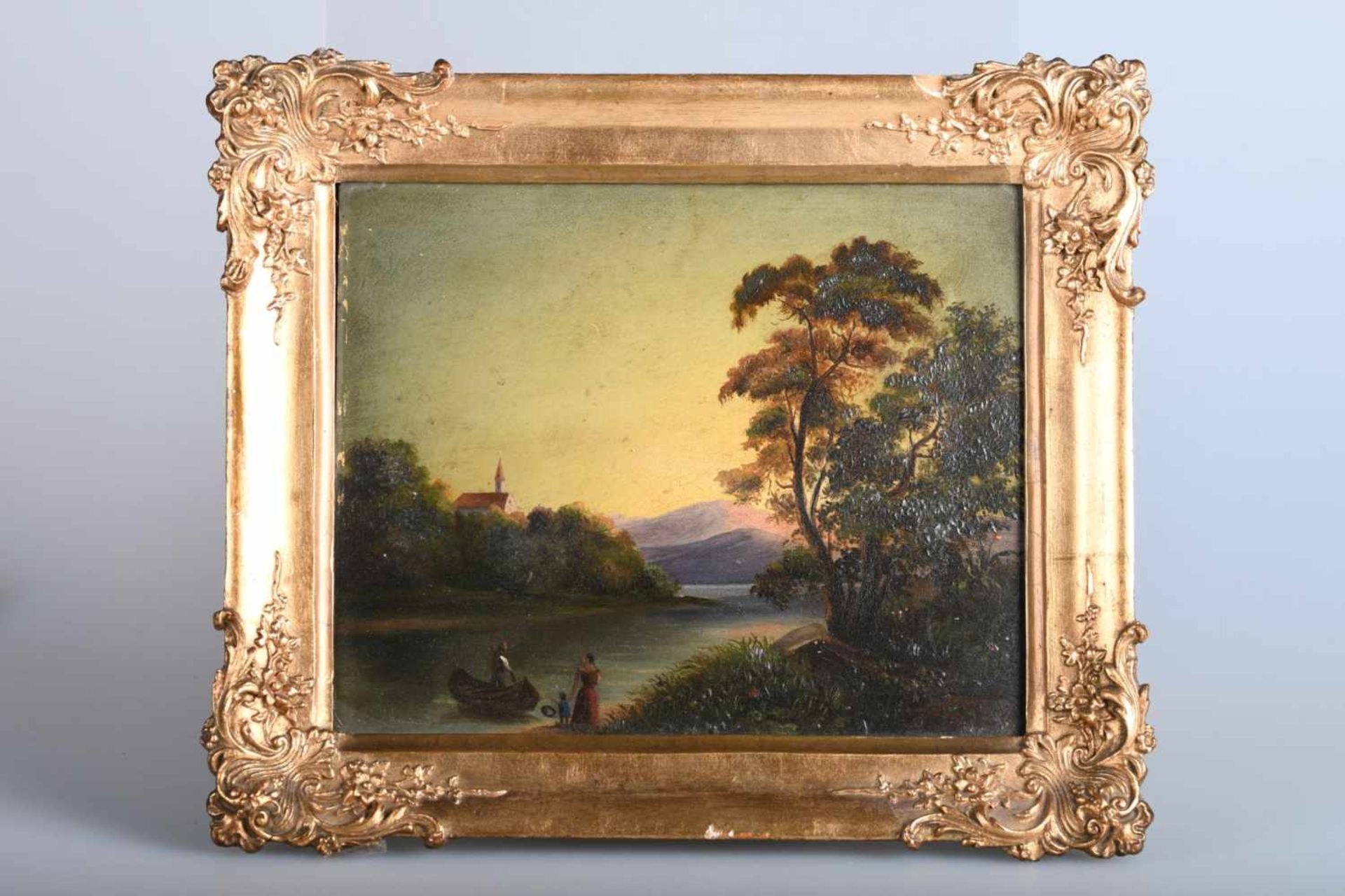 Romantische Landschaft, 19. JahrhundertÖl/Holz, unsignierte Landschaftsdarstellung mit Personen am