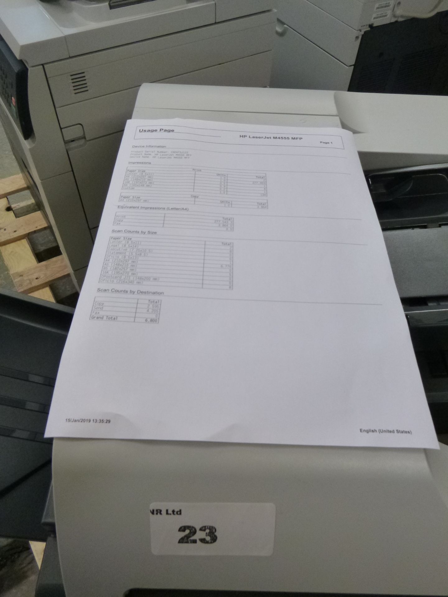 HP LASERJET M4555h MFP PRINTER/SCAN/COPY/FAX 55PPM. 1200 X 1200DPI. WITH TEST PRINT. P/N CE738A - Image 2 of 2