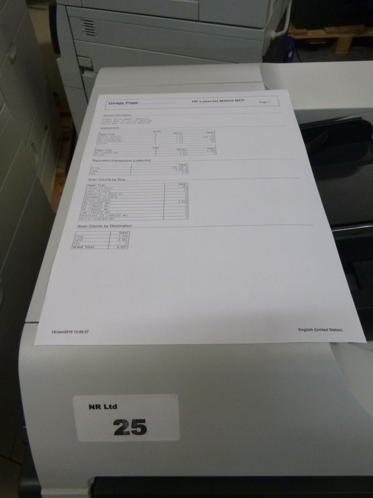 HP LASERJET M4555h MFP PRINTER/SCAN/COPY/FAX 55PPM. 1200 X 1200DPI. WITH TEST PRINT. P/N CE738A - Image 2 of 2