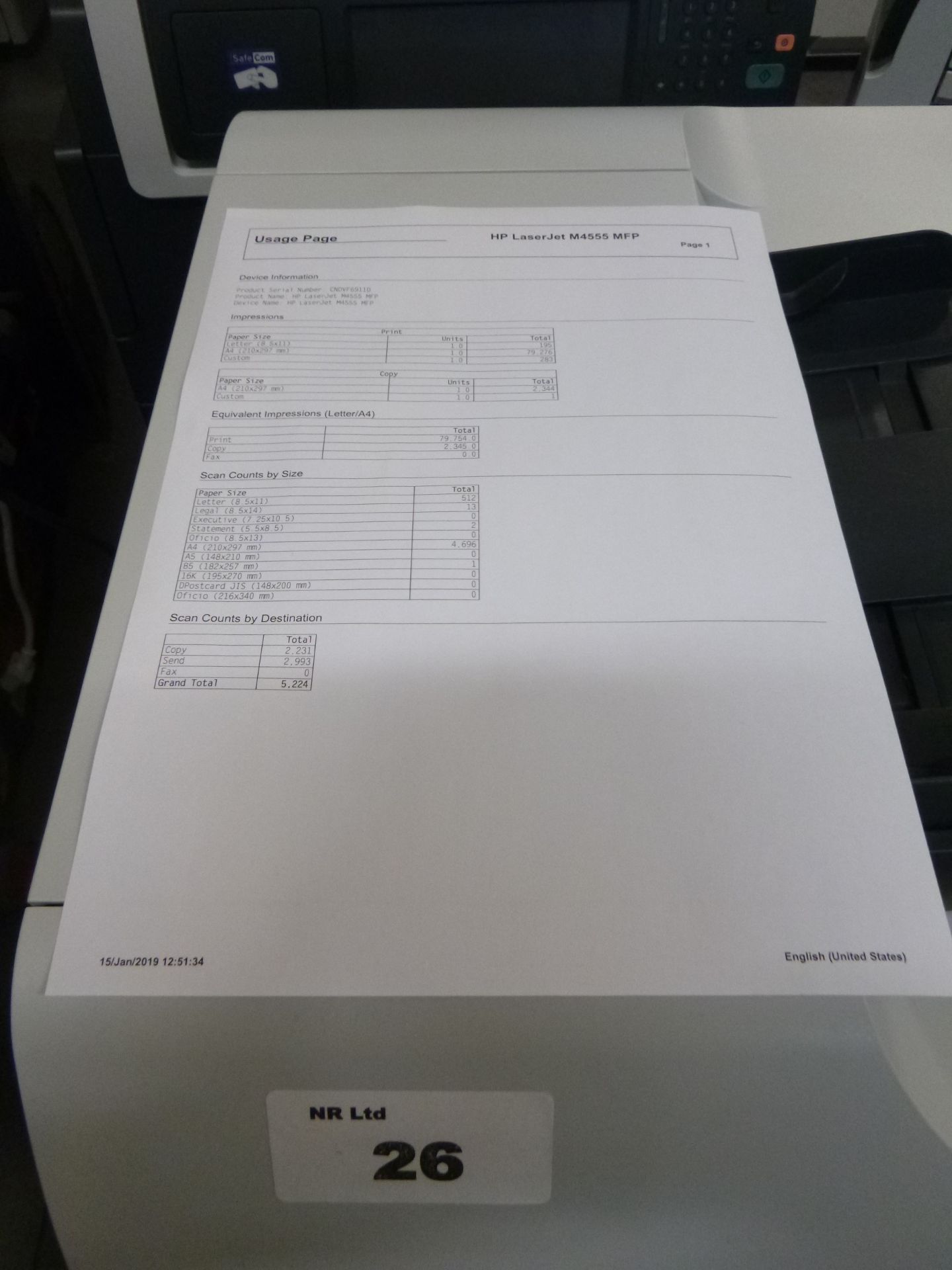 HP LASERJET M4555h MFP PRINTER/SCAN/COPY/FAX 55PPM. 1200 X 1200DPI. WITH TEST PRINT. P/N CE738A - Image 2 of 2