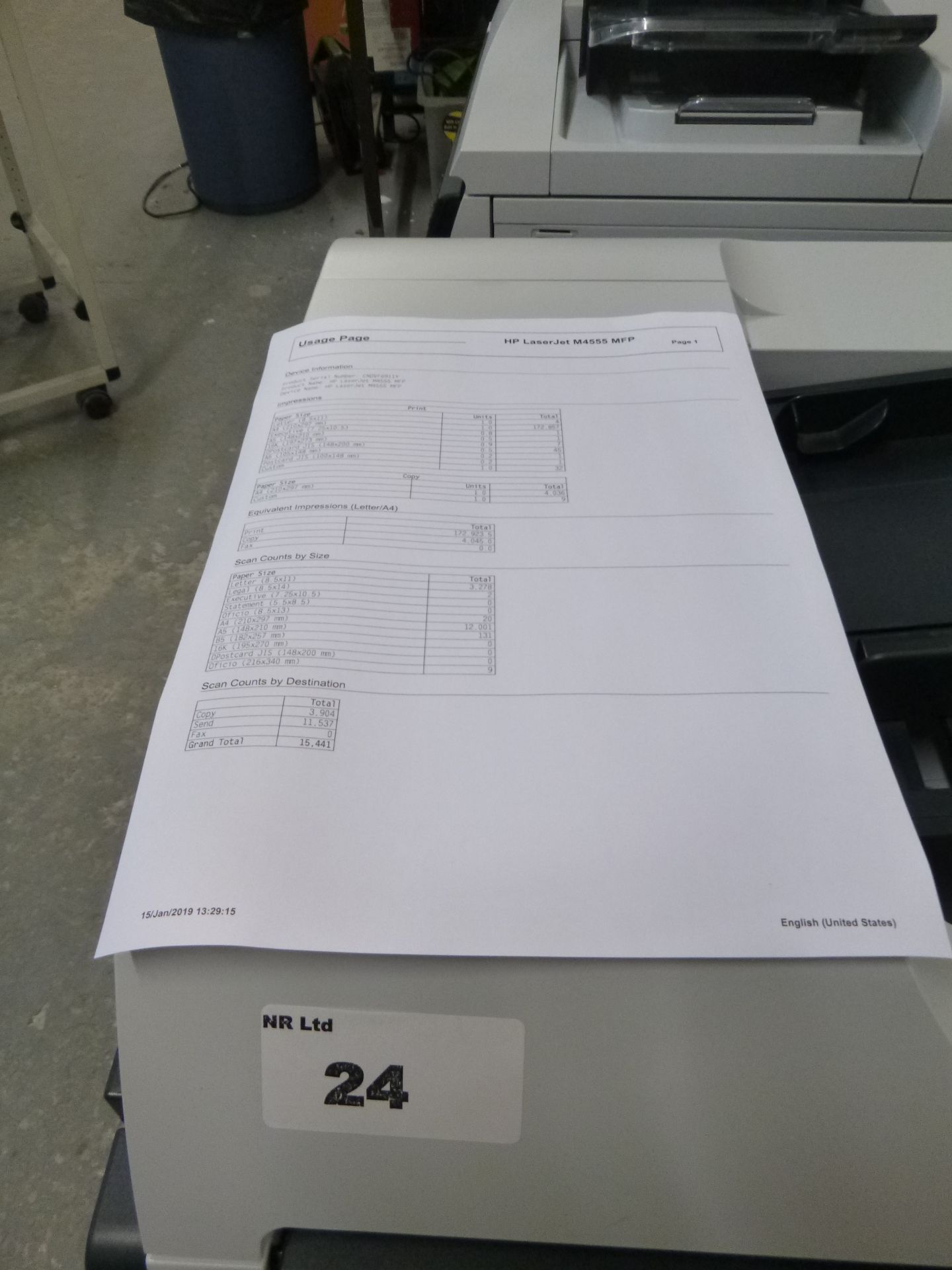 HP LASERJET M4555h MFP PRINTER/SCAN/COPY/FAX 55PPM. 1200 X 1200DPI. WITH TEST PRINT. P/N CE738A - Image 2 of 2