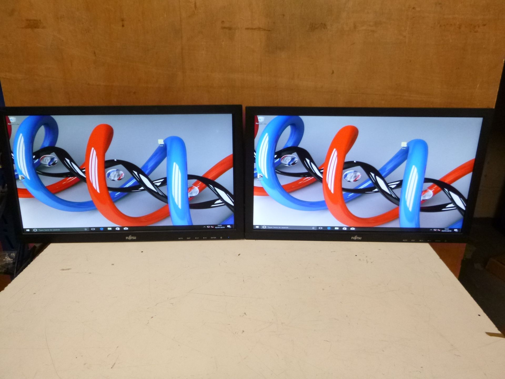 PAIR OF FUJITSU 20" LCD SCREENS . MODEL W2013 WITHOUT STANDS. EACH HAS DVI & VGA SEE PHOTOS.