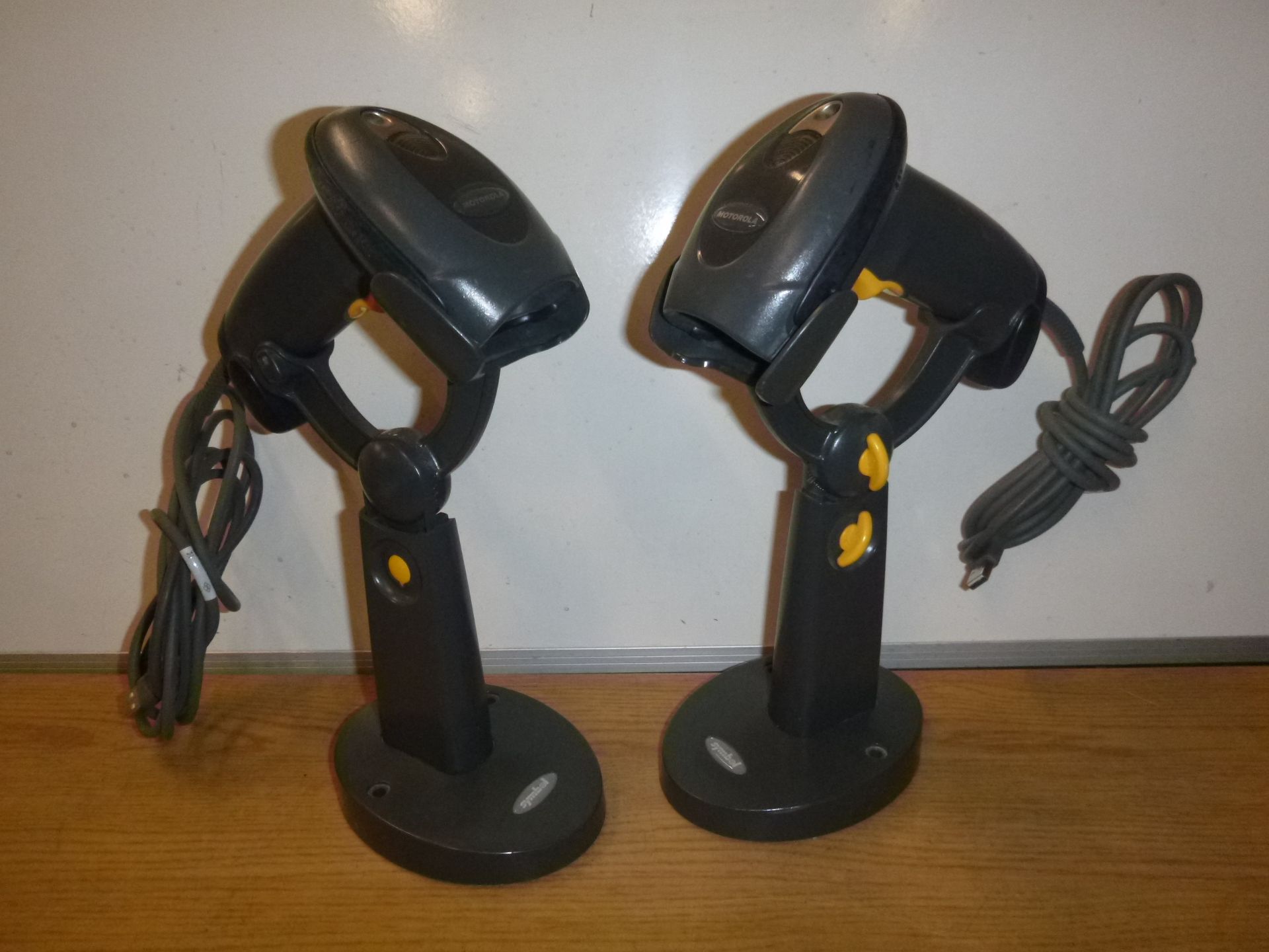 2 X MOTOROLA DS4208 USB HAND HELD BARCODE SCANNERS WITH STANDS. TESTED, WORKING.