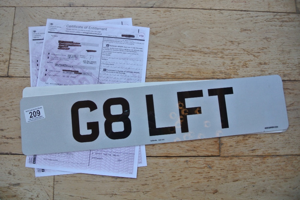 A personalised license plate reading 'G8 LFT' (Gol