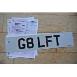 A personalised license plate reading 'G8 LFT' (Gol