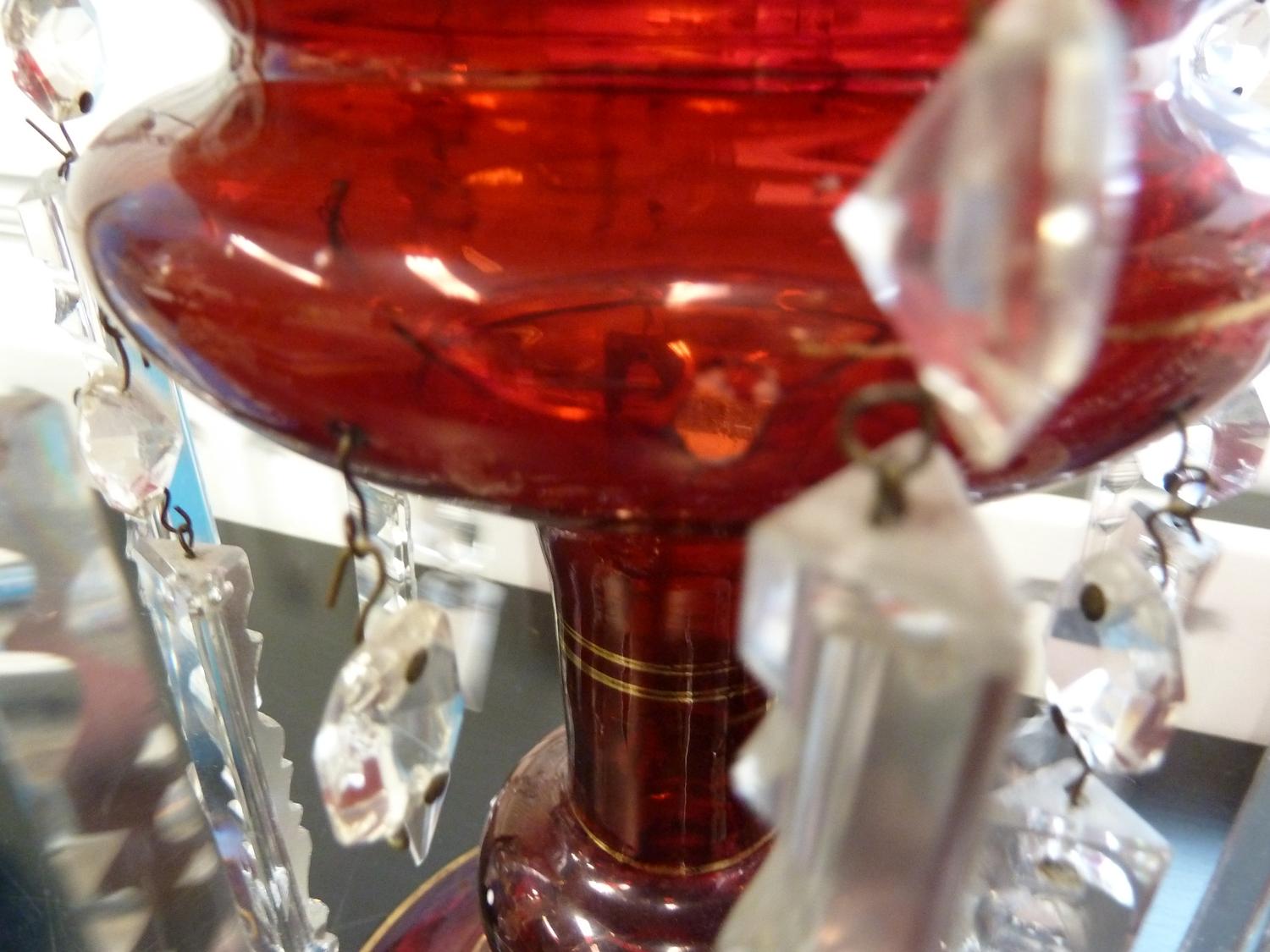 Bohemian Glass - A pair of ruby glass table lustres, the bowls with crenelated rim, gilded and - Image 21 of 22