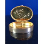 Asprey - A 9ct gold oval pill box, engine turned cover, opening to reveal an inscription, To