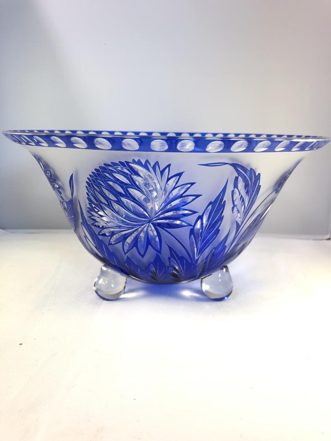 Loetz - an unusual cameo glass footed bowl, blue overlay cut though to colourless glass, frosted and