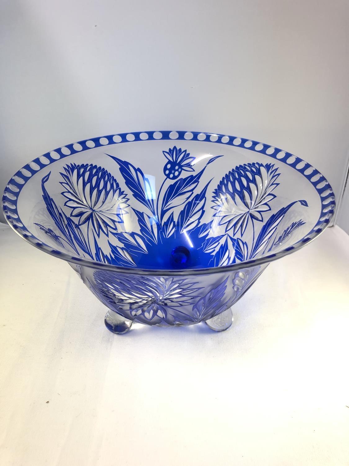 Loetz - an unusual cameo glass footed bowl, blue overlay cut though to colourless glass, frosted and - Image 2 of 7