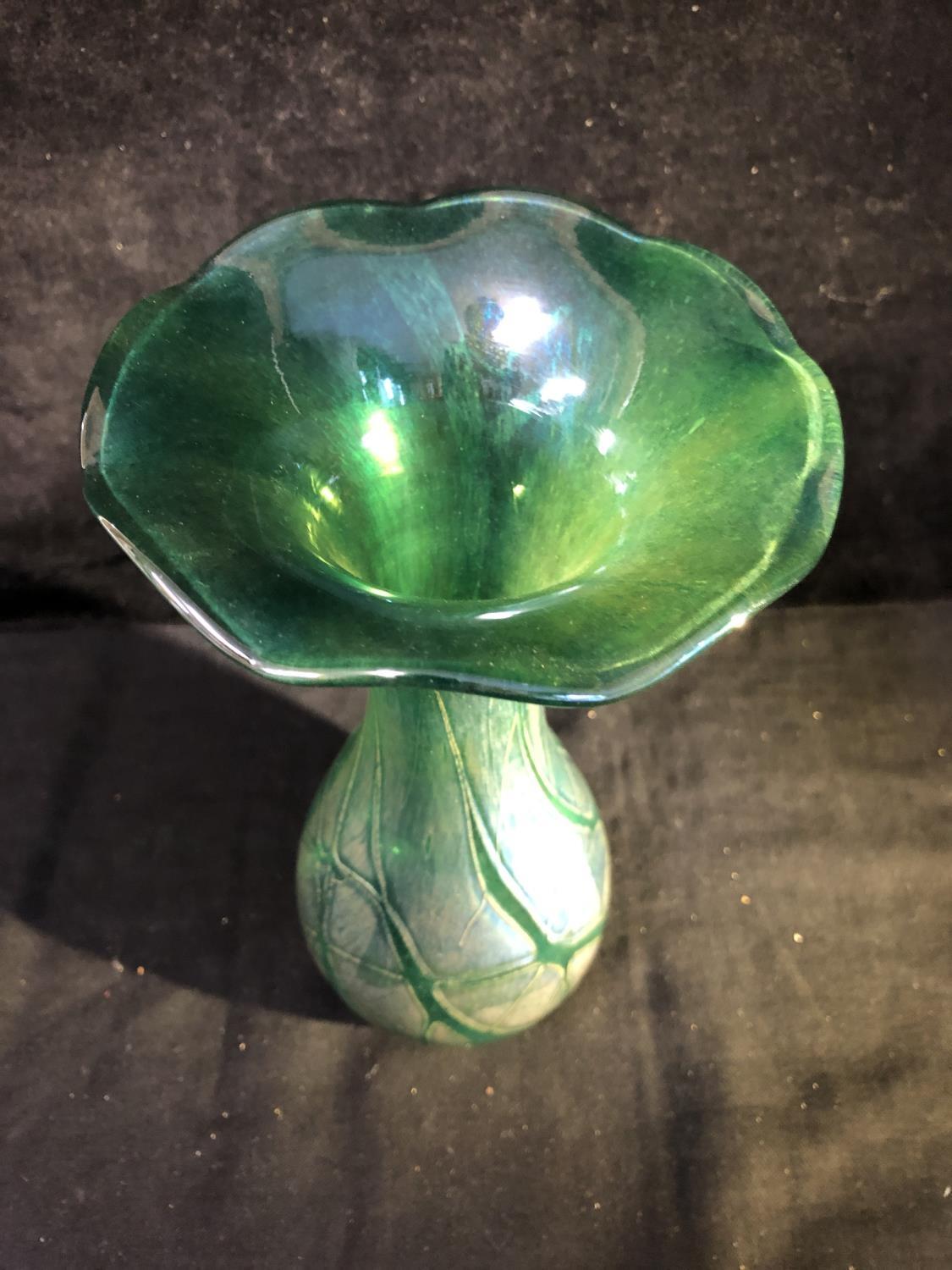 Isle of Wight- A pair of convolvulus bud form glass vases of nacreous green blue colour, 21.5cm - Image 10 of 14