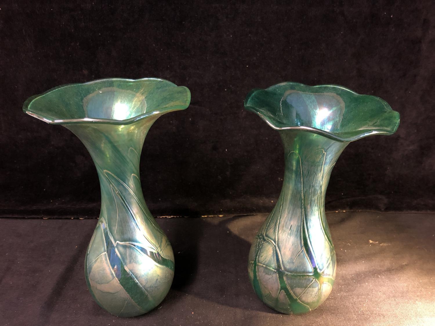 Isle of Wight- A pair of convolvulus bud form glass vases of nacreous green blue colour, 21.5cm - Image 2 of 14